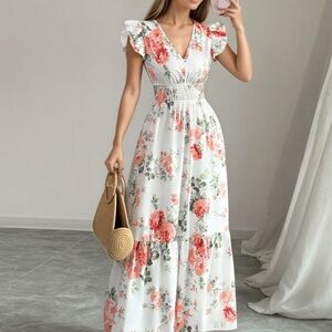 Floral White and Coral Maxi Dress with Ruffle Sleeves